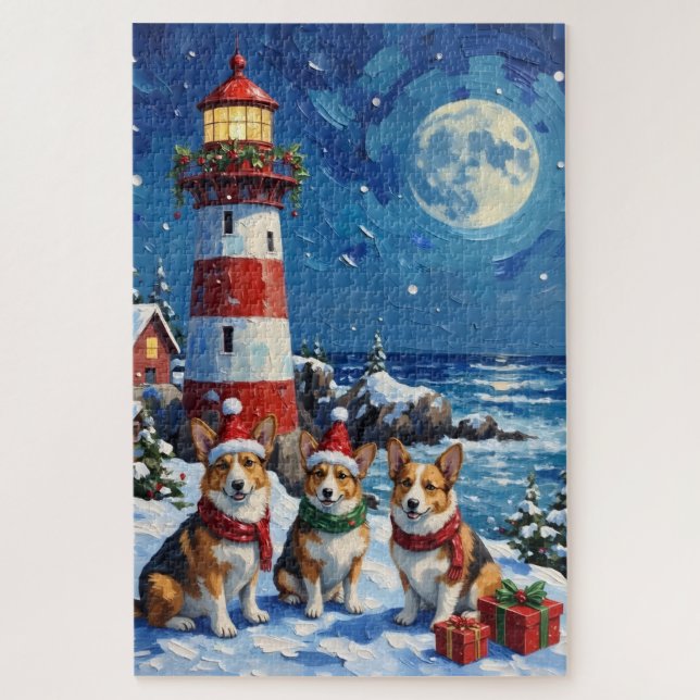 Pembroke Welsh Corgi Christmas Lighthouse Holiday Jigsaw Puzzle (Vertical)