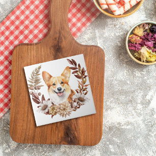 Pembroke Welsh Corgi Dog Autumn Wreath Tile