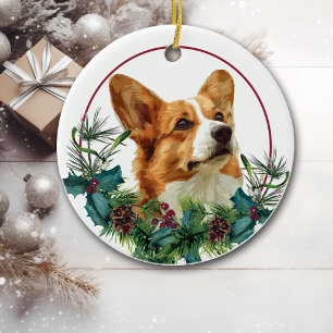 Pembroke Welsh Corgi Dog Evergreen Wreath Ceramic Ornament