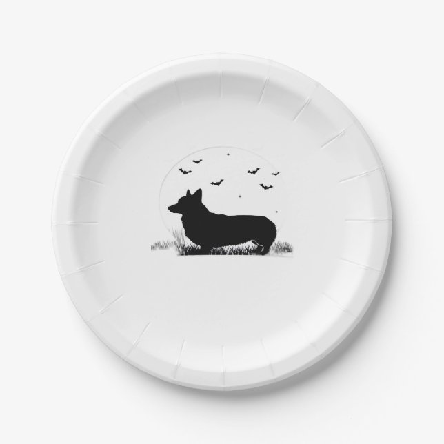 Pembroke Welsh Corgi Dog – Halloween Moon Silhouet Paper Plate (Front)