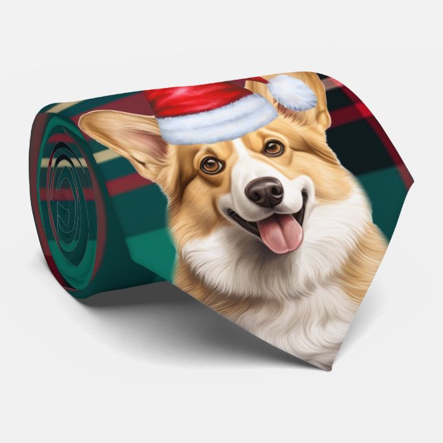 Pembroke Welsh Corgi Dog Holiday Plaid Christmas Tie (Rolled)