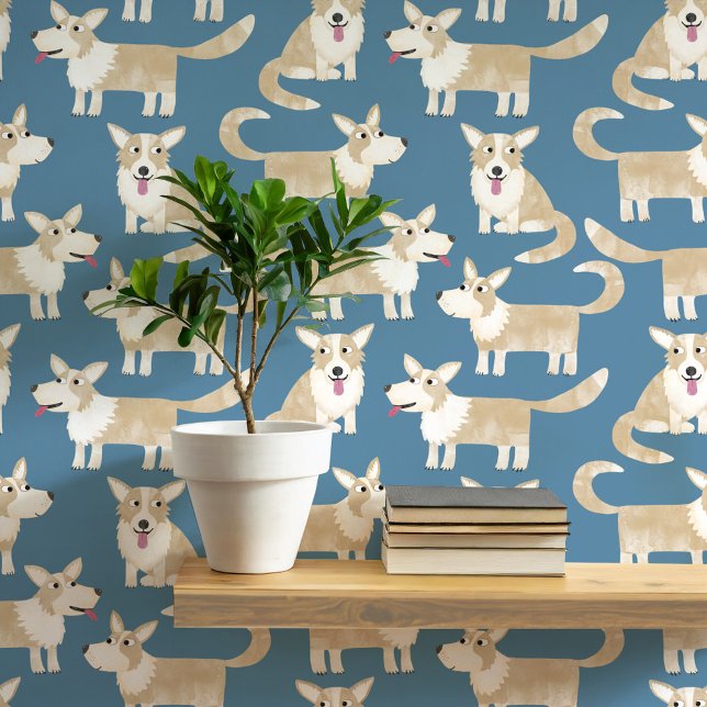 Pembroke Welsh Corgi Dog Pattern Wallpaper (Pembroke Welsh Corgi dog fun peel and stick wallpaper for animal and pet lovers)
