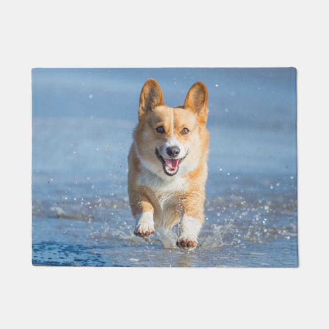 Pembroke Welsh Corgi Dog Running On The Beach Doormat (Front)