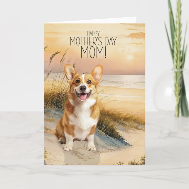 Pembroke Welsh Corgi Dog Sunset Beach Mother's Day Holiday Card (Front)