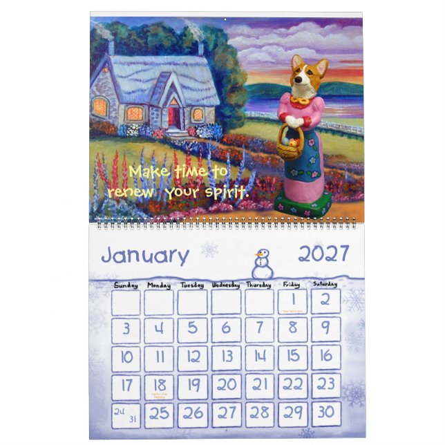 Pembroke Welsh Corgi Folk Art Calendar (Jan 2027)