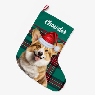 Pembroke Welsh Corgi Green Plaid and Dogs Name Large Christmas Stocking
