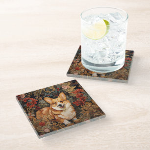 Pembroke Welsh Corgi in a Victorian Flower Garden Glass Coaster