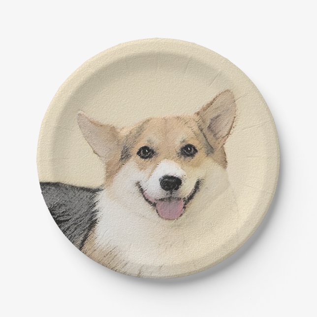 Pembroke Welsh Corgi Painting - Original Dog Art Paper Plate (Front)