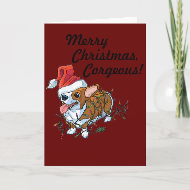 Pembroke Welsh Corgi Puppy Christmas Xmas Lights Holiday Card (Front)