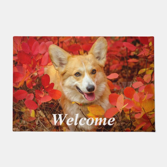 Pembroke Welsh Corgi Puppy Dog in Red Leaves Doormat (Front)