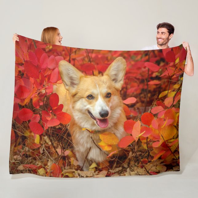 Pembroke Welsh Corgi Puppy Dog in Red Leaves Fleece Blanket (In Situ)