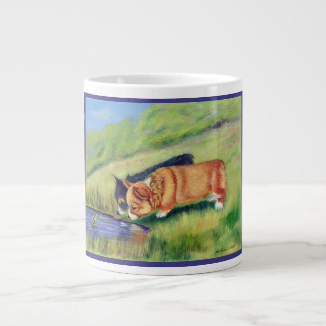 Pembroke Welsh Corgi Pups Meeting Mr. Frog Large Coffee Mug (Front)