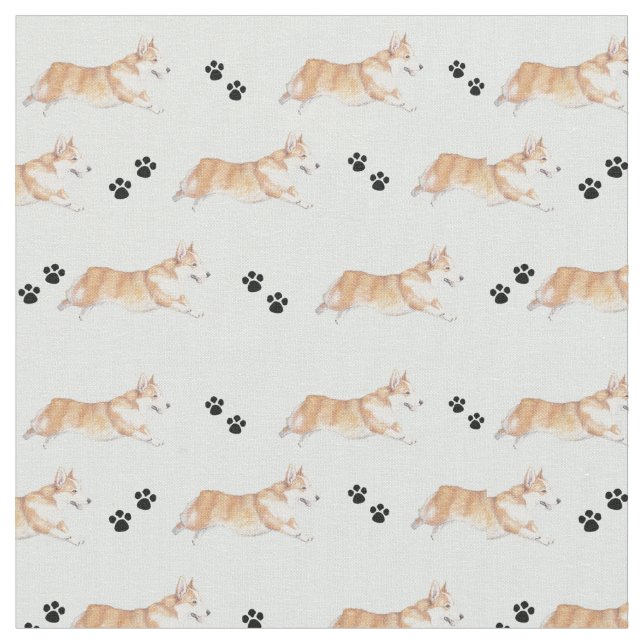 Pembroke Welsh Corgi Running Dog Art Fabric (Close Up)