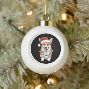 Pembroke Welsh Corgi Santa Christmas Tree Lights Ceramic Ball Christmas Ornament