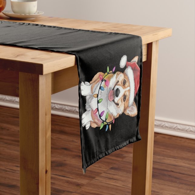 Pembroke Welsh Corgi Santa Christmas Tree Lights  Short Table Runner (In Situ)