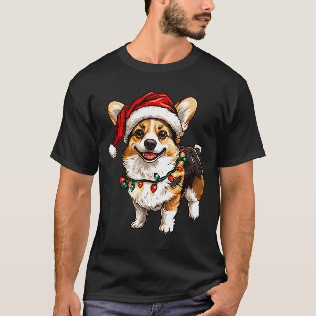 Pembroke Welsh Corgi Santa Christmas Tree Lights X T-Shirt (Front)
