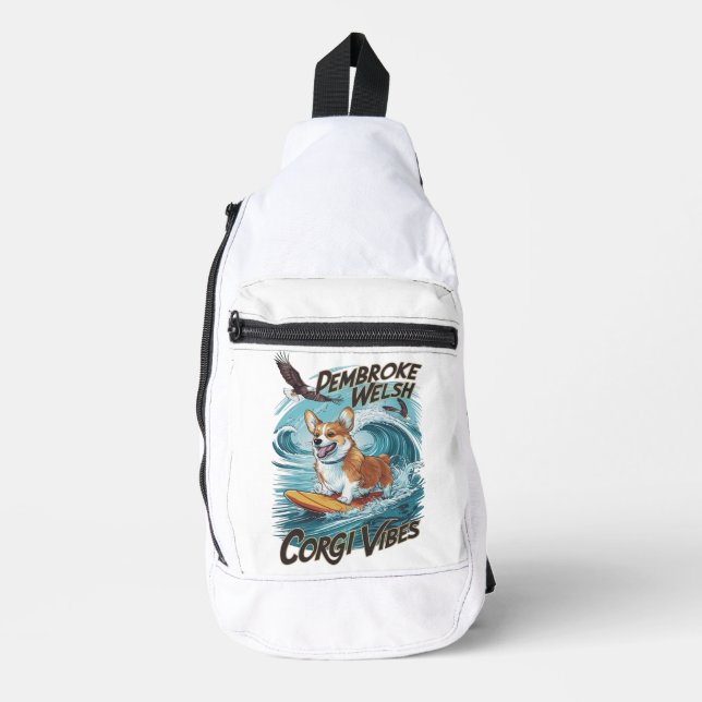 Pembroke Welsh Corgi Surfer Tackles Epic Wave Sling Bag (Front)