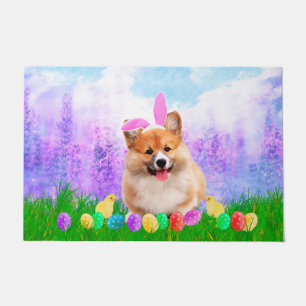 Pembroke Welsh Corgi with Easter Eggs Bunny Chick Doormat