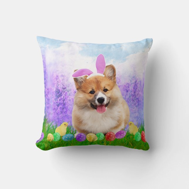 Pembroke Welsh Corgi with Easter Eggs Bunny Chick Throw Pillow (Front)