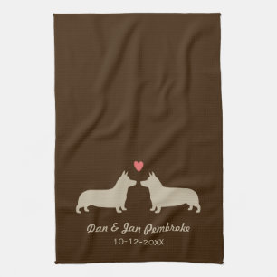 Pembroke Welsh Corgis with Heart and Text Kitchen Towel