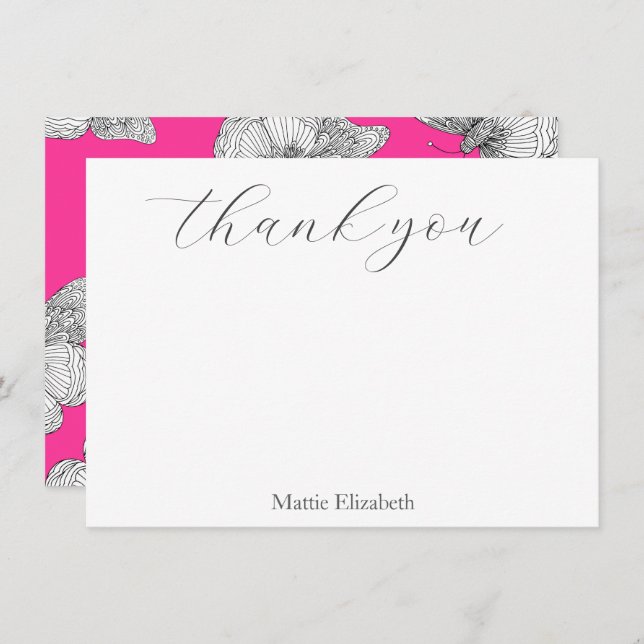 Pen and Ink Butterfly Pattern Hot Pink Background Thank You Card (Front/Back)