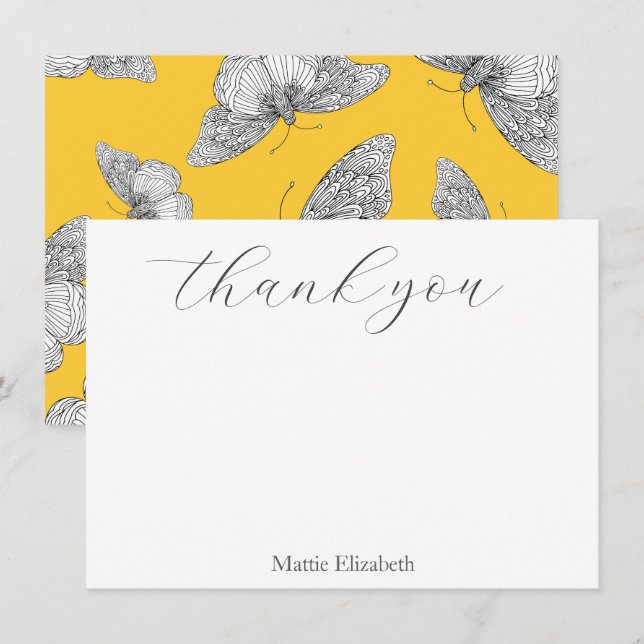 Pen and Ink Butterfly Pattern Yellow Background Thank You Card (Front/Back)