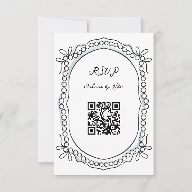 Pen and Ink Ribbons and Pearls QR Code RSVP Card (Front)