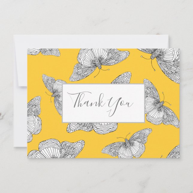 Pen & Ink Butterfly Pattern Yellow Background Thank You Card (Front)
