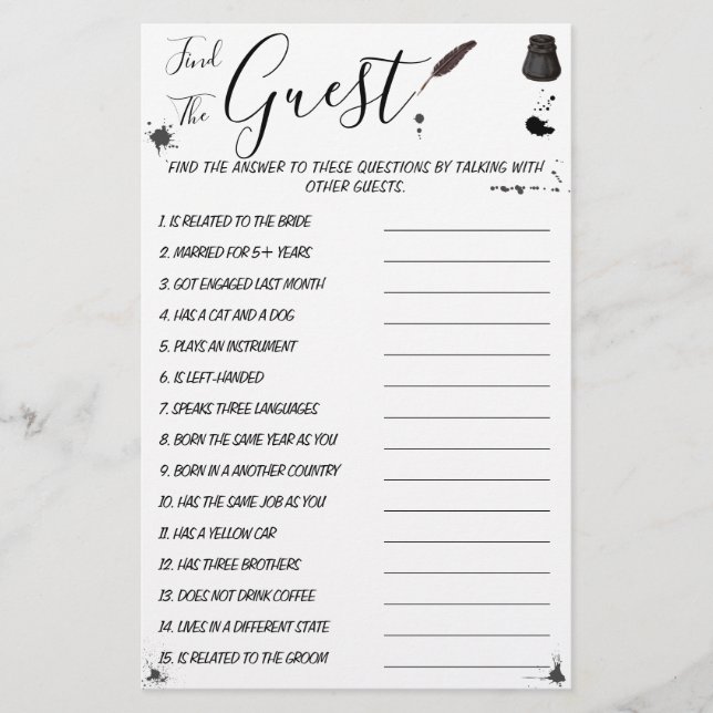 Pen & Inkwell | Find the Guest  Shower Game Card (Front)