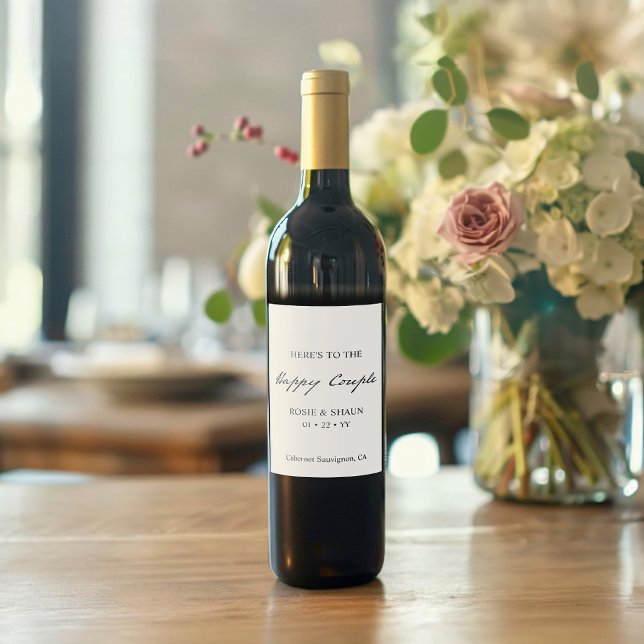 Pen Script Minimalist Calligraphy White Wedding Wine Label (Creator Uploaded)