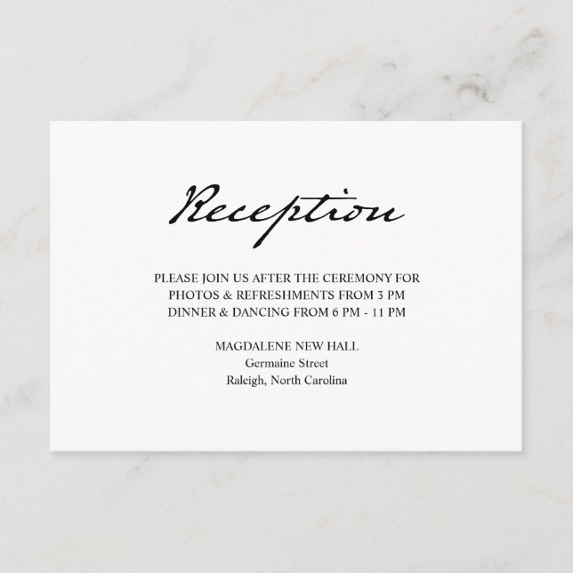 Pen Script Minimalist White Wedding Reception Enclosure Card (Front)