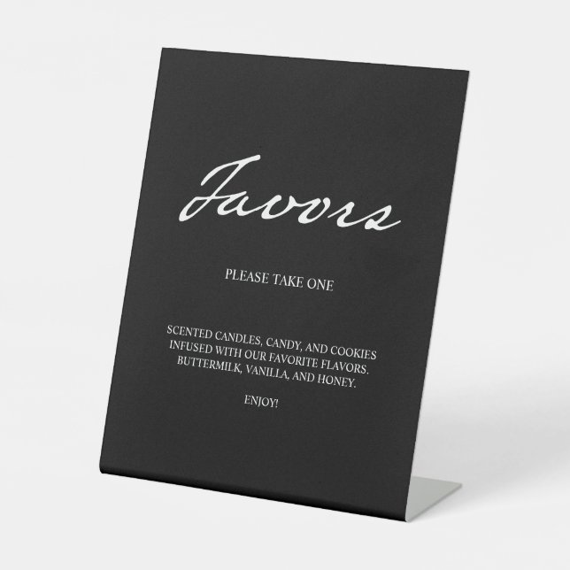 Pen Script Modern Minimalist Favours Black Wedding Pedestal Sign (Front)