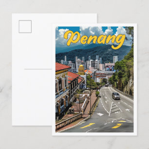Penang Malaysia Vintage Art Travel Illustration Postcard