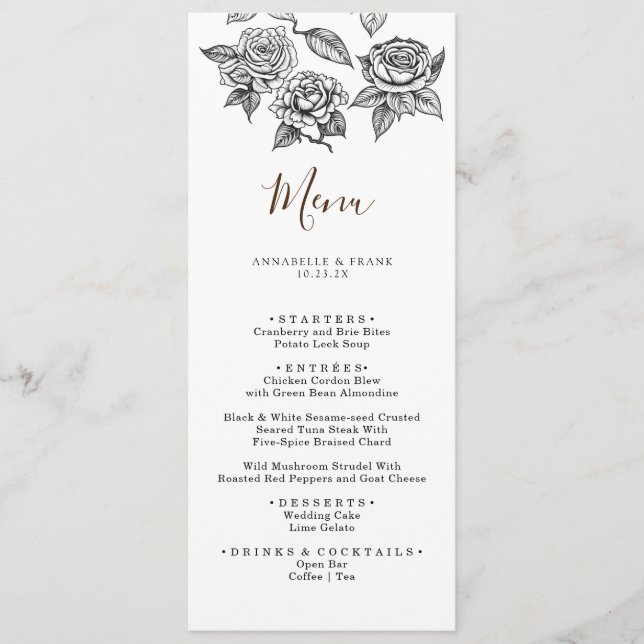 Pencil Art Floral Roses Wedding Menu Card (Front)
