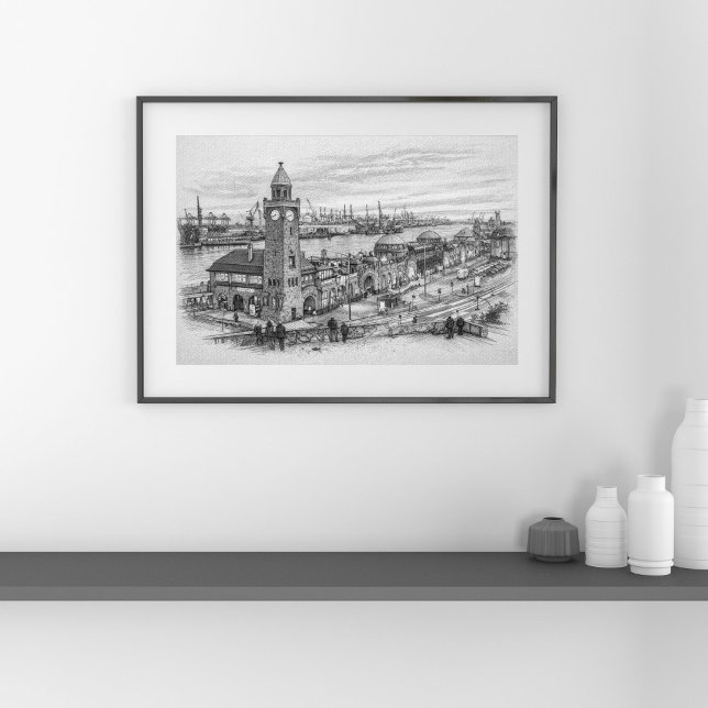 Pencil Cityscape Sketch Hamburg Harbor Landmark Poster (Creator Uploaded)