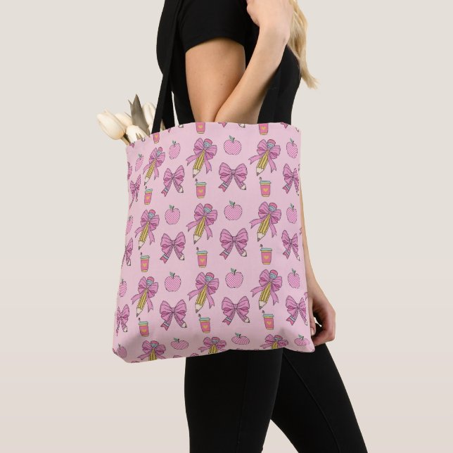 Pencil Coquette Bow Pattern Tote Bag (Close Up)