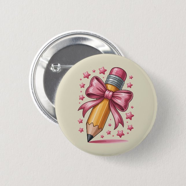 Pencil Coquette Bow Teacher Appreciation School 2 Inch Round Button (Front & Back)