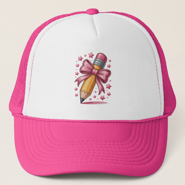 Pencil Coquette Bow Teacher Appreciation School Trucker Hat (Front)