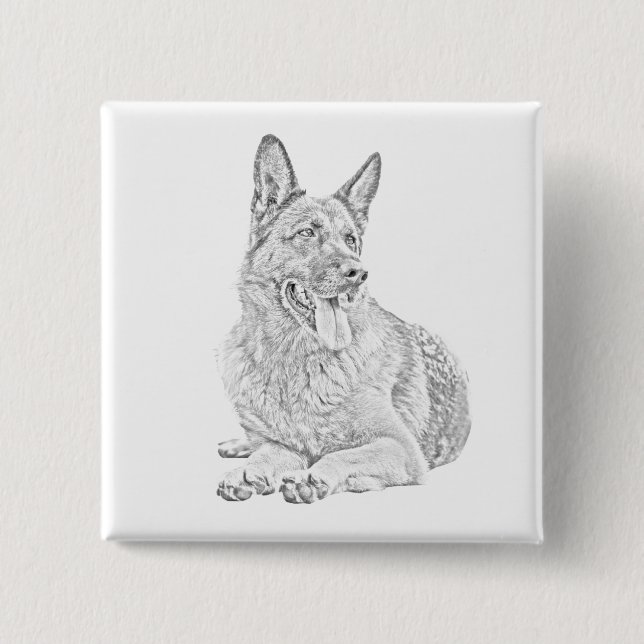Pencil Drawing German Shepherd Pin Button (Front)