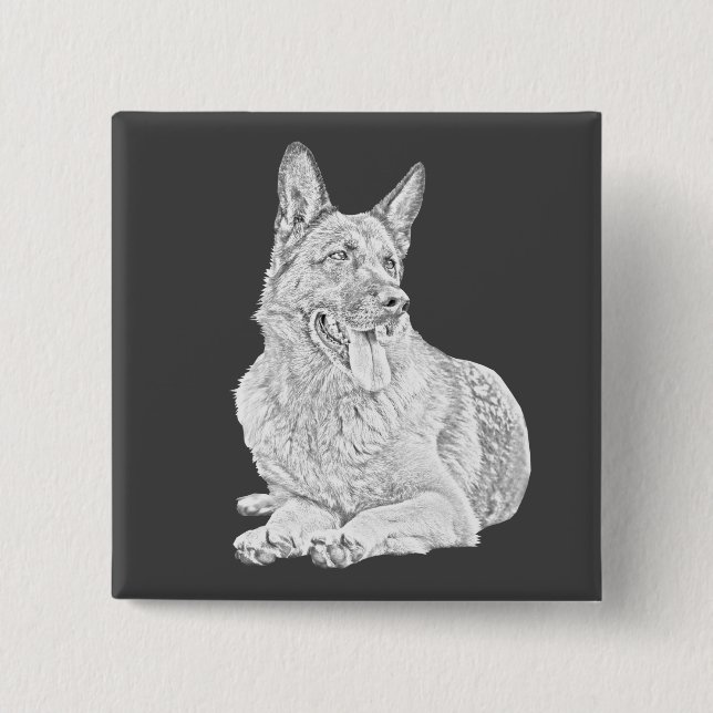 Pencil Drawing Happy German Shepherd Pin Button (Front)