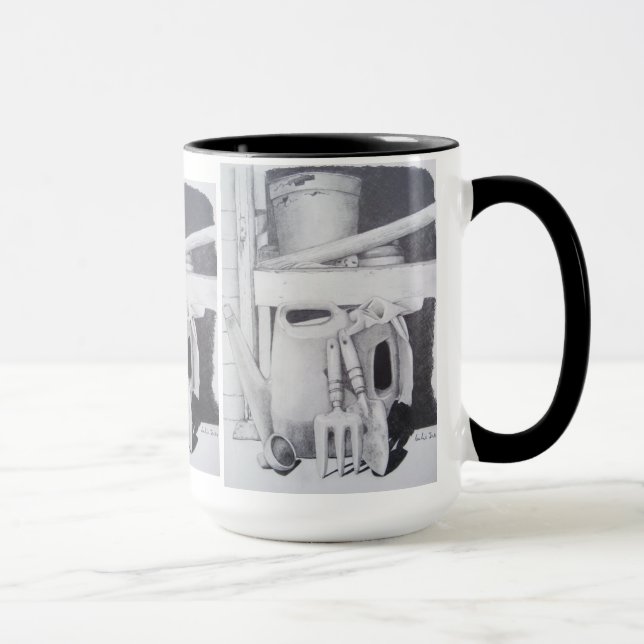 pencil drawing picture of garden tools still life mug (Right)