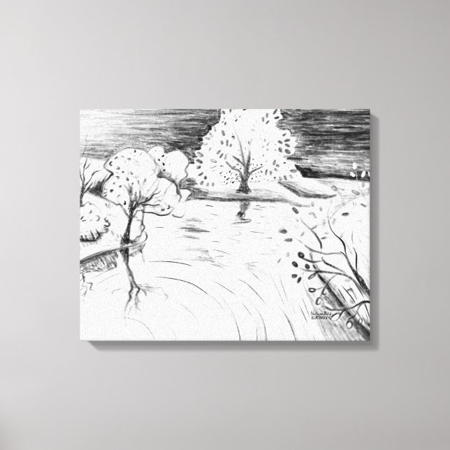 Pencil drawing relaxing nature scene trees river canvas print (Front)