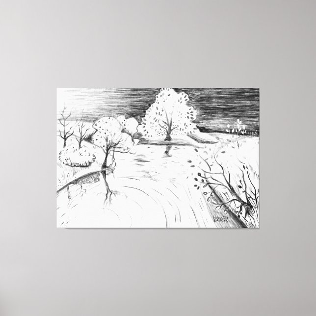 Pencil drawing relaxing nature scene trees river canvas print (Front)