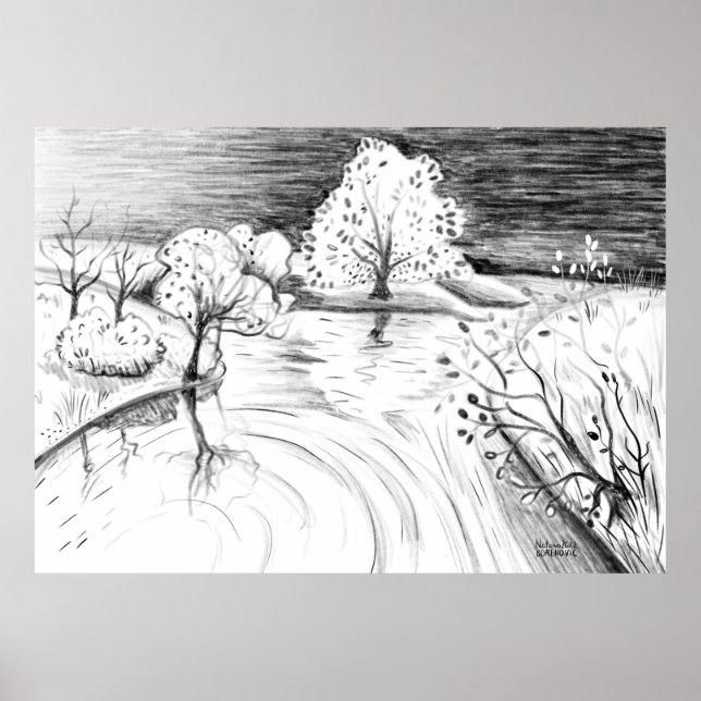 Pencil drawing relaxing nature scene trees river poster (Front)