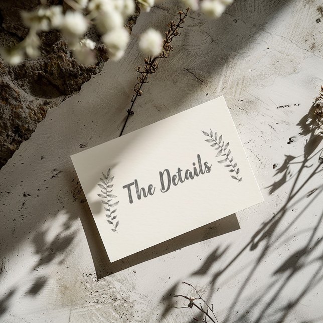 Pencil drawn leaves The Details Enclosure Card (Light and simple "The Details" wedding enclosure card with pencil drawn style leaves)