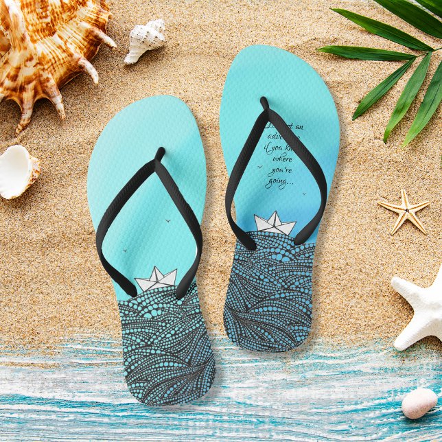 Pencil Drawn Paper boat | motivational quote beach Flip Flops (Creator Uploaded)