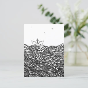 Pencil Drawn Paper boat on abstract waves Postcard