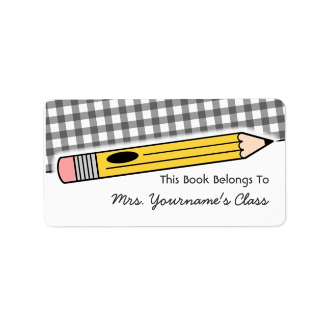 Pencil & Grey Gingham School Book Label (Front)