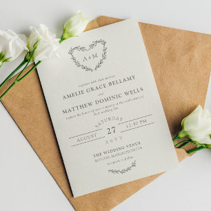 Pencil Grey Off White Heart Wreath 2 in 1 Wedding  Invitation