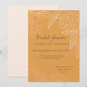 Pencil Line Art Harvest Gold Floral Peony Leaf Invitation